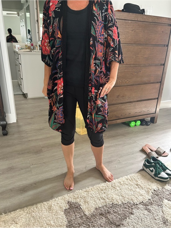 Angie Tops - Angie Black Floral Open-Front Kimono Jacket - Black